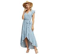 GRECERELLE Womens Summer Maxi Dress Boho Floral Cocktail Midi Polka Dot Wrap Dresses V Neck Casual Party Bohemian Flowy Long Dress for Ladies (FP Floret Blue, L)
