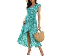 GRECERELLE Womens Summer Maxi Dress Boho Floral Cocktail Polka Dot Wrap Dresses V Neck Casual Party Bohemian Flowy Long Dress for Ladies (Fp Cherryblossom-Green, L)