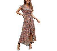 GRECERELLE Womens Summer Maxi Dress Boho Floral Cocktail Polka Dot Wrap Dresses V Neck Casual Party Bohemian Flowy Long Dress for Ladies (Cashew Navyblue, L)