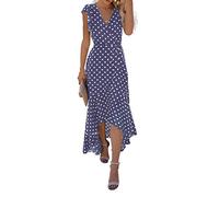 GRECERELLE Womens Summer Maxi Dress Boho Floral Cocktail Polka Dot Wrap Dresses V Neck Casual Party Bohemian Flowy Long Dress for Ladies (Polka Dots-Purple Grey, L)