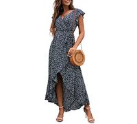 GRECERELLE Womens Summer Maxi Dress Boho Floral Cocktail Polka Dot Wrap Dresses V Neck Casual Party Bohemian Flowy Long Dress for Ladies (Jasmine & Navy Blue, L)