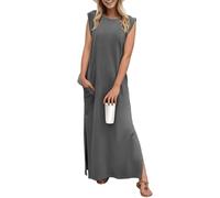 GRECERELLE Womens Summer Maxi Dress Elegant Styles Basic Sleeveless Maxi Dresses with Split and Pockets (Dark Grey, M)