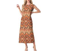 GRECERELLE Womens Summer Maxi Long Dress Casual Flower Sleeveless Crew Neck Split Hem Shift Dresses with Pocket for Ladies UK (Ink Yellow Wave, M)