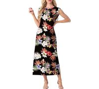 GRECERELLE Womens Summer Maxi Long Dress Casual Flower Sleeveless Crew Neck Split Hem Shift Dresses with Pocket for Ladies UK (Black Lily Palm Leaf, M)