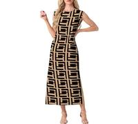 GRECERELLE Womens Summer Maxi Long Dress Casual Flower Sleeveless Crew Neck Split Hem Shift Dresses with Pocket for Ladies UK (Black Puzzle, L)