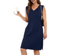 GRECERELLE Womens Summer Midi Dress 2025 Casual V Neck Loose Shirt Dresses Elegant Wrinkle-Free Sleeveless Dresses for Women UK with Split and Pockets (Navy Blue, S)