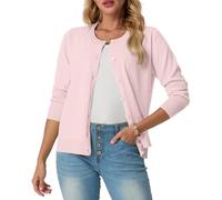 GRECERELLE Womens Summer Soft Cardigans Lovely Lightweight Crew Neck Long Sleeve Ladies Cardigan Solid Knit Jumper Casual Button Down Sweaters for Women UK,Summer Nights and Dating (Pink White, L)