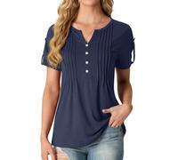 GRECERELLE Womens Summer Tops Pleated Button V-Neck Short Sleeve T-Shirt Elegant Solid Color Casual Blouses for Women UK (Navy Blue,M)