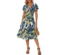 GRECERELLE Womens Summer Wrap Dress Ladies Casual Ruffle Short Sleeve V-Neck Floral Beach Dresses for Women (Leaf Print Flower, M)