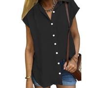 GRECERELLE Womens T-Shirts Ladies Causal Buttons Down Tunics V Neck Tops Cap Sleeve Summer Blouses Tees for UK (Black, XL)