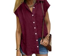 GRECERELLE Womens T-Shirts Ladies Causal Buttons Down Tunics V Neck Tops Cap Sleeve Summer Blouses Tees for UK (Burgundy, XL)