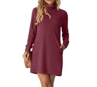 GRECERELLE Womens Turtleneck Mini Dress Long Sleeve Mock Neck Classic Basic Everyday Dresses for Autumn Winter with Pockets (Wine Red, XXL)