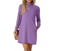 GRECERELLE Womens Turtleneck Mini Dress Long Sleeve Mock Neck Classic Basic Everyday Dresses for Autumn Winter with Pockets (Purple, M)