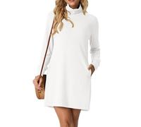 GRECERELLE Womens Turtleneck Mini Dress Long Sleeve Mock Neck Classic Basic Everyday Dresses for Autumn Winter with Pockets (White, XL)