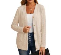 GRECERELLE Women's V Neck Button Down Cardigan with Pockets, Long Sleeve | Textured Knit Cardigans for Ladies UK; Style with Shirts, Dress or Casual Tops for Office Days, Coffee Dates and Travel
