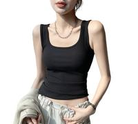 GRECERELLE Women's Wide Strap U-Neck Crop Tank Top Stylish Perfect for Summer Layering and Everyday Wear (Black, XL)