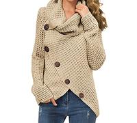GRECERELLE Women's Winter Jumpers Knit Warm Turtle Neck Wrap Asymmetric Hem Jumper Sweater Tops with Button for Ladies (Khaki, M)