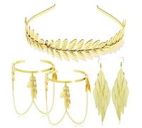 Grecian Goddess Leaf Laurel Costume Accessories Set Roman Toga Party Headband Upper Arm cuff Bracelet Band Earrings Jewelry Women(golden flower hairpin)