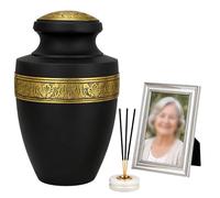 Grecian Style Cremation Urn for Human Ashes - Handcrafted Aluminum Adult Urn with Matte Black Finish & Gold Floral Engraving, Secure Threaded Lid, Memorial Funeral Urn