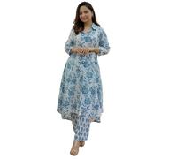 GRECIILOOKS Anarkali Women's Kurta Set - Viscose Kurta Print and Straight Trousers | Festive Indian Traditional Outfit for Functions and Puja | Trendy Look for Travel and, sky blue, 3XL