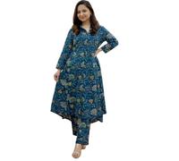 GRECIILOOKS Anarkali Women's Kurta Set - Viscose Kurta Print and Straight Trousers | Festive Indian Traditional Outfit for Functions and Puja | Trendy Look for Travel and, blue, L