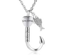 Gredstar Fishing Hook Urn Necklace for Ashes for Men Memorial Pendant Ashes Necklaces Keepsake Pendant Fish Hook Cremation Jewellery Bereavement Gift (Silver)