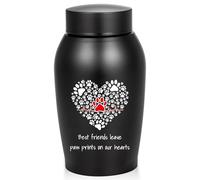 Gredstar Paw Print Heart Pet Urn for Ashes - Black Memorial Keepsake with ECG Dog Paw & Best Friends Quote - Stainless Steel Pet Memorial for Dog or Cat, Holds Up to 50 lbs