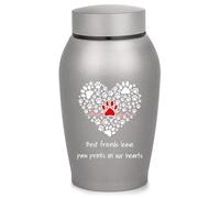 Gredstar Paw Print Heart Pet Urn for Ashes - Grey Memorial Keepsake with ECG Dog Paw & Best Friends Quote - Stainless Steel Pet Memorial for Dog or Cat, Holds Up to 50 lbs
