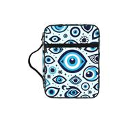 Greece-Bead-Blue-Evil-Eye Bible Cover Case with Handle, Water-Resistant Oxford Fabric Bible Bag Organizer with Zipper Pockets for Church