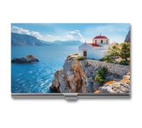 Greece Church on The Cliff of The Sea Business Card Holder Metal Wallet Credit Card ID Case for Men Women