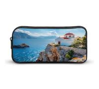 Greece Church on The Cliff of The Sea Large Pencil Case Big Capacity Pencil Pouch Pen Bag Marker Pen Case for Women Men