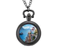 Greece Church on The Cliff of The Sea Pocket Watch Vintage Quartz Pocket Watches with Chain for Men Women Black-Style