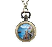 Greece Church on The Cliff of The Sea Pocket Watch Vintage Quartz Pocket Watches with Chain for Men Women Coppery-Style