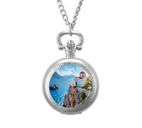 Greece Church on The Cliff of The Sea Pocket Watch Vintage Quartz Pocket Watches with Chain for Men Women Silver-Style