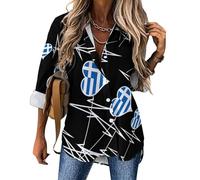 Greece Heartbeat Cute Greek Flag Women's Long Sleeve Blouse Irregular Hem Shirt V Neck T Shirts Button Down Tops 3XL