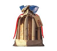 Greece History Building Christmas Gift Bags with Tags & Ribbon Ties, Xmas Drawstring Candy Treat Bag Christmas Gifts Sacks Reusable Gift Wrapping Bags for Holiday Party Favors Small