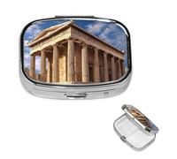 Greece History Building Pill Box 2 Compartment Square Portable Pill Case for Pocket or Purse Small Weekly Medicine Planner Travel Pillbox with Mirror Decorative Metal Vitamin Holder Gifts