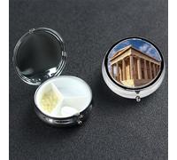 Greece History Building Pill Box 3 Compartment Round Portable Pill Case for Pocket or Purse Small Weekly Medicine Planner Travel Pillbox with Mirror Decorative Metal Vitamin Holder Gifts