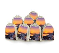 Greece Island Sunset Landscape 8 PCS Cotton Drawstring Bags Reusable Muslin Bags Natural Cotton Bag with Drawstring Small Jewelry Pouch for Party Wedding Fabric Gift Bag for Spice Herb Candy Soap