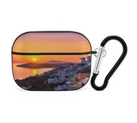 Greece Island Sunset Landscape Earbuds Organizer Shockproof Protective Airpods Pro Cover with Carabiner Clip Anti Fall Carrying Earphone Case Cover for Airpods Pro 2nd Generation Black