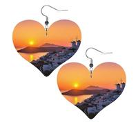 Greece Island Sunset Landscape Leather Earrings for Women Heart Dangle Earrings Lightweight Drop Earring Jewelry Gift