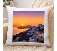 Greece Island Sunset Landscape Pillowcase Linen for Home Use, Soft Comfortable Pillow Cover with Invisible Zipper, Breathable Pillow Cases 40x40cm for Luxury Hotel, Living Room, Bedroom