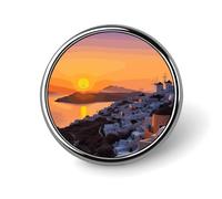 Greece Island Sunset Landscape Round Badge Cute Enamel Lapel Pin Brooches Button Pin Personalized Clothing Decoration Unisex Badge Holder Hats Bags Shirts Decor