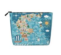 Greece Map Portable Makeup Case Fake Hemp, Women's Travel Organizer Large Capacity Zippered Pouch