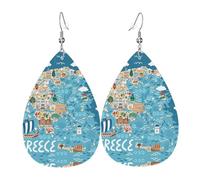 Greece Map Print Leather Dangle Earrings - Lightweight Teardrop Costume Earrings for Parties, Valentine's Day