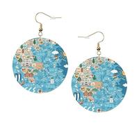 Greece Map Print Piercing Round Leather Earrings Set 1 Pair Stylish Leather Earrings Dangle Hoop For Women Jewelry Gifts