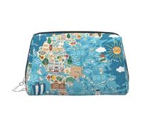 Greece Map Print Premium Leather Toiletry Travel Pouch with Waterproof Portable Pouch Open Flat Makeup Bag