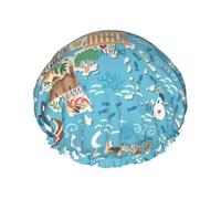 Greece Map Print Shower Cap - Reusable Bath Hair Cap, Double Layer, Adjustable Elastic Strap, Durable Travel Essential
