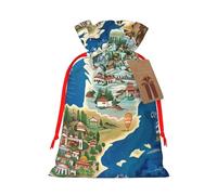 Greece Map Printed Christmas Drawstring Bags for Party Xmas Gift Wrapping, Red Ribbon, M