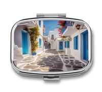Greece Street Pill Box 2-Compartment Portable Pill Case Square Metal Medication Organizer Small Weekly Medication Case with Mirror Stylish Vitamin Holder for Purse Pocket Travel